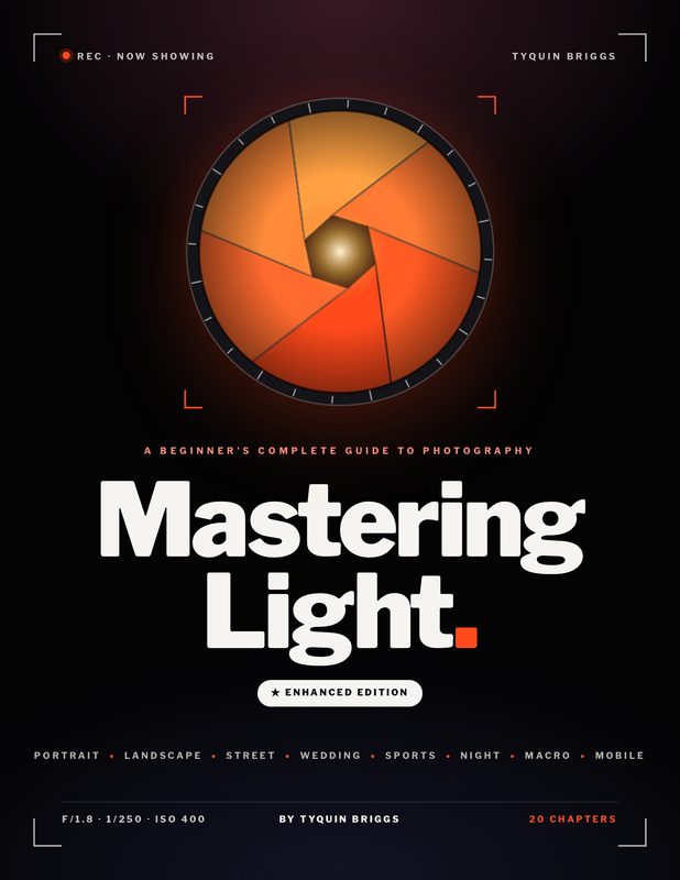 Cover of Mastering Light by Tyquin Briggs: an orange camera aperture over a dark background with the title in large white type